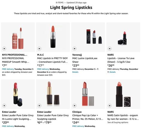 Light-Spring-Lipsticks_Amazon Light Spring Drugstore Makeup, Clear Spring Lipstick, Light Spring Lipstick Colors, Light Spring Lipstick, Bright Spring Lipstick, Light Spring Makeup, Spring Lipstick Colors, Season Palette, Spring Lip Colors