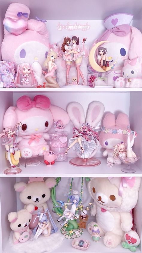 Kawaii Anime Figure Shelf, Sanrio Bedroom, Kawaii Room Ideas, Kawaii Bedroom, Otaku Room, Pinterest Room Decor, Anime Room, Room Goals, Cute Bedroom Decor