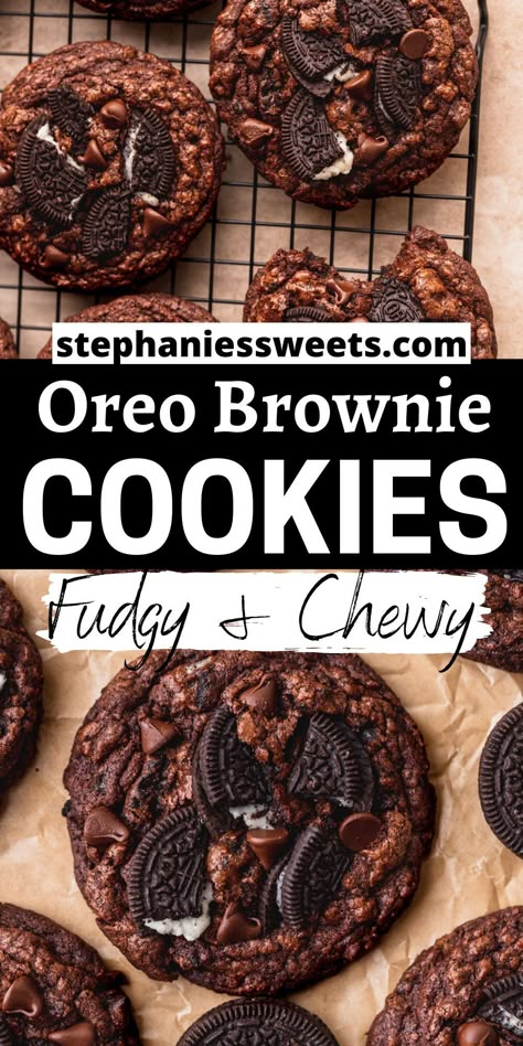 These Oreo brownie cookies are super fudgy and stuffed with Oreos pieces, Oreo crumbs, and chocolate chips. They are chewy cookies with crisp edges. Oreo Brownie, Oreo Stuffed Chocolate Chip Cookies, Fudgy Brownie, Chewy Cookies, Oreo Brownies, Treats Recipes, Holiday Dessert Recipes, Gourmet Cookies, Cookie Calories