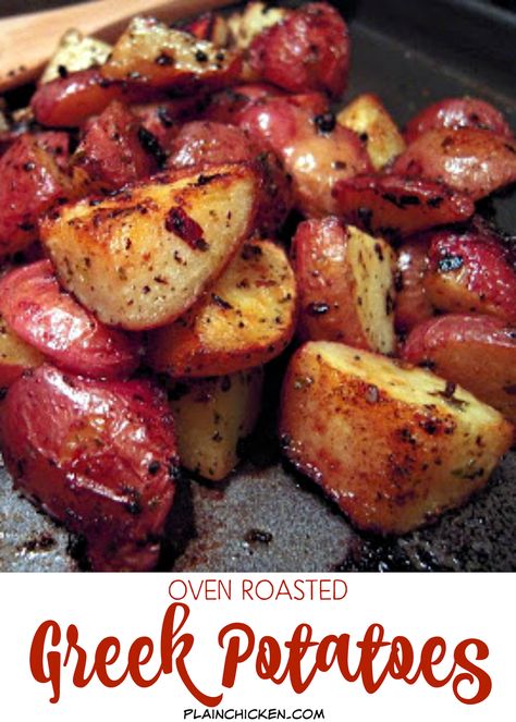 Oven Roasted Greek Potatoes - new potatoes tossed in olive oil, Greek seasoning and lemon. These potatoes are SO good! Only takes a minute to toss together. Everyone raves about them! Roasted Potatoes Ina Garten, Roasted Greek Potatoes, Barefoot Contessa Recipes, Greek Potatoes, Oven Roasted Potatoes, Ina Garten Recipes, Greek Seasoning, Barefoot Contessa, Potato Dishes