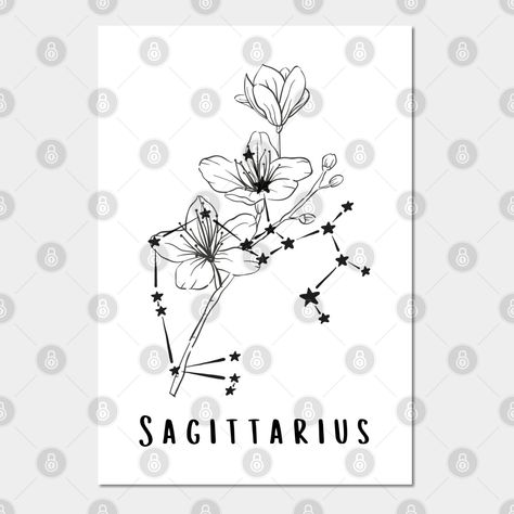 Constellation design for all the Zodiac Sagittarius out there, minimalistic, floral and perfect for a gift. Show Your sign to everyone without saying a single word, since its better to show than tell. -- Choose from our vast selection of art prints and posters to match with your desired size to make the perfect print or poster. Pick your favorite: Movies, TV Shows, Art, and so much more! Available in mini, small, medium, large, and extra-large depending on the design. For men, women, and childre Sagittarius Star Constellation Tattoo, Constellation Tattoo Sagittarius, Sagittarius Flower Tattoo, Sagittarius Tattoo Designs For Women, Sagittarius Goddess Tattoo, Sagittarius Flower, Carnation Drawing, Star Constellation Tattoo, Sagittarius Tattoo Designs