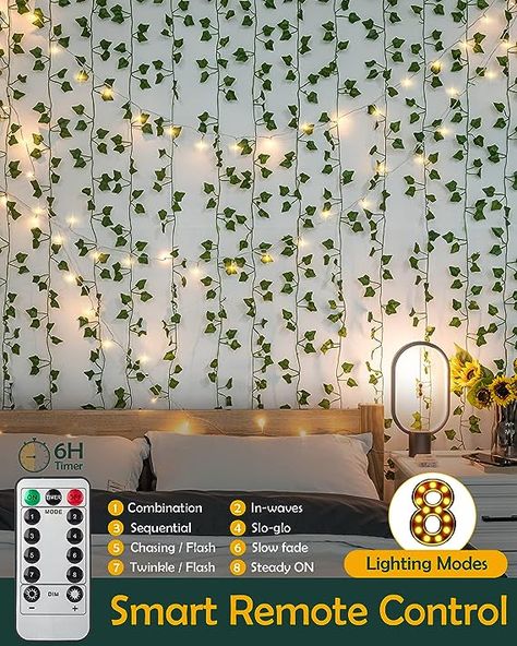 JACKYLED 84Ft 12 Pcs Artificial Ivy Garland Fake Vines with 65ft 200 LED String Lights and Remote Control Faux Hanging Leaves Fake Vines, Hanging Leaves, Ivy Garland, Woodland Decor, Led String Lights, String Lights, Home Kitchen, Ivy, Vines