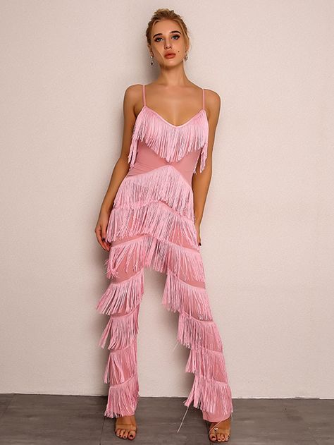 Fringe Top Outfit, Rhinestone Fringe Top, Fringe Outfit, Fringe Jumpsuit, Fringe Pants, Rhinestone Fringe, Cami Jumpsuit, Bodycon Jumpsuit, Latin Dress