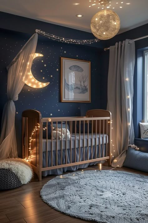 Corner Room Nursery Ideas, Purple Moon And Stars Nursery, Cute Nursery Room, Night Time Nursery Theme, Navy Baby Girl Nursery, Velaris Themed Nursery, Night Sky Baby Room, Firefly Nursery Theme, Dark Navy Nursery