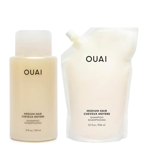 Formulated especially with medium-volume hair in mind, the OUAI Medium Shampoo and Refill Bundle seeks to refresh hair that is neither fine or thick. Formulated with hydrating and antioxidant-rich properties, the shampoo seeks to promote shinier, stronger-looking hair as well as removing buildup and excess oil to help balance the scalp. Set Contents:Medium Hair Shampoo 300ml The hydrating formula is infused with nourishing coconut and babasssu oil to help support softer-looking hair, while vitamin-rich kumquat extract seeks to create a glossier effect. Fortifying hydrolysed keratin seeks to smooth hair fibres and create the look of healthier lengths. Shampoo Refill 946ml An eco-friendly refill pouch of the same shampoo to help minimise consumption of single-use plastics. Ouai Hair Products, Ouai Thick Hair, Shampoo For Thick Hair, Ecommerce Packaging, Ouai Hair, Wella Color Fresh, Refill Pouch, Marshmallow Root, Preppy Lifestyle