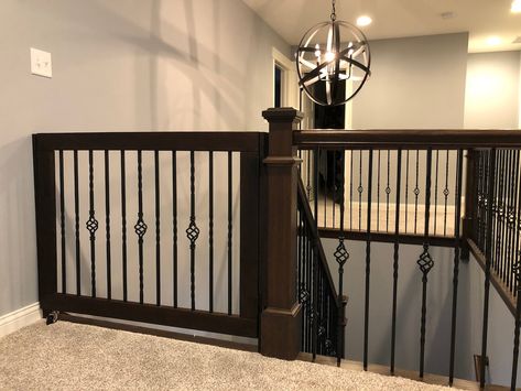 Gate Wood And Metal, Custom Stair Gate, Painted Gates, Custom Baby Gates, Gate For Stairs, Interior Door Hinges, Baby Gate For Stairs, Stair Gate, Custom Gates