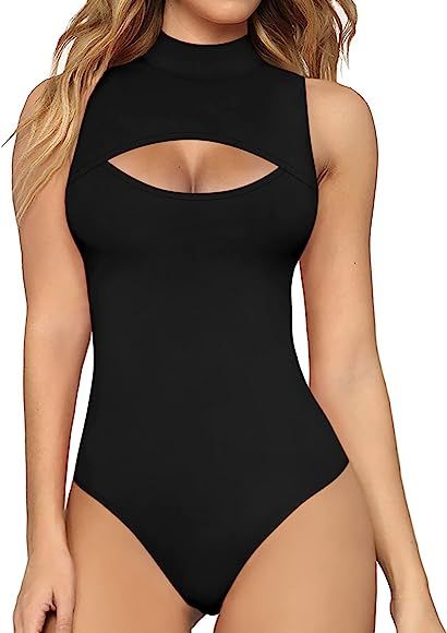 MANGOPOP Mock Neck Sexy Cutout Front T Shirt Sleeveless/Long Sleeve Short Sleeve Bodysuit for Women, A Sleeveless Black, Large : Amazon.ca: Clothing, Shoes & Accessories Black Tshirt Women, Tank Top Bodysuit, Bodysuit Tops, Bodysuit Jumpsuit, Fashion Bottoms, Cutout Bodysuit, Suit For Women, Bodysuit Fashion