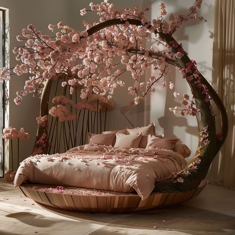 Blossom Dreams: Stunning Cherry Blossom Beds for Tranquil Bedrooms Nature Bed, Nyc Rooms, Dreamy Bed, Tranquil Bedroom, Wood Headboard, Canopy Bed, Upholstered Fabric, World Of Interiors, Bed Frame And Headboard