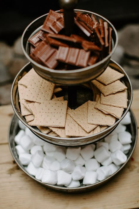 Smores Table, Smores Bar Party, Smores Wedding, Bonfire Wedding, Midnight Wedding, Smores Station, Fresh Popcorn, Woods Wedding, Wedding Snacks