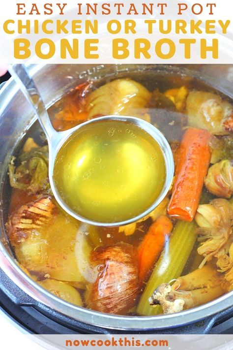 Chicken or turkey bone broth made in the Instant Pot is the quickest and easiest way to get every last bit of goodness out of that roasted chicken or turkey. Use it for soups, stews, gravies, or any recipe that uses broth, or just put it in a mug and sip away! Get the recipe and try it! Instant Pot Bone Broth Turkey, Turkey Bone Broth Recipe Instant Pot, Turkey Broth With Bones Instapot, Turkey Stock Instant Pot, Turkey Bone Broth Instant Pot, Turkey Broth Instant Pot, Chicken Bone Broth Recipe Instant Pot, Bone Broth Recipe Instant Pot, Instapot Bone Broth