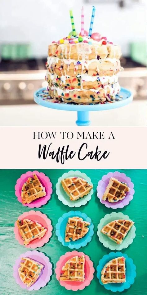 Celebration means party and a party means CAKE! I decided to try something really different…a waffle cake and I think your going to love this twist on a traditional birthday cake! Made with our favorite homemade waffle batter with a few sprinkles added in and a buttercream frosting, this will be your new favorite way to celebrate a birthday! || JennyCookies.com Waffle Birthday, Diy Waffles, Cake Unique, Jenny Cookies, Cake Diy, Homemade Waffles, Waffle Cake, Waffle Recipe, Cool Birthday Cakes