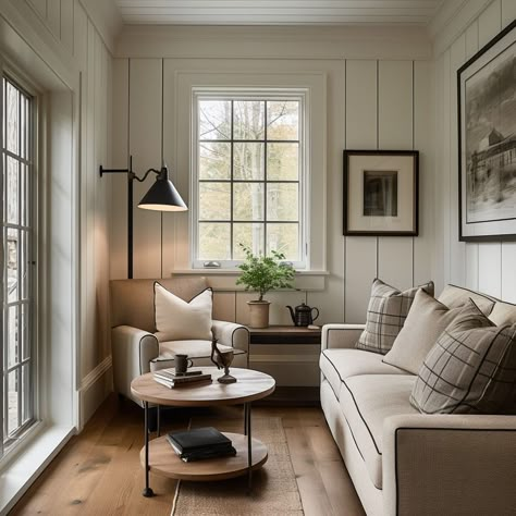 Cottage Living Room Windows, Cozy Cottage Decor English Country, Apartment Farmhouse Living Room, Small Space Vintage Decor, Built In Sunroom, Cream Cottage Living Room, Small Living Room Sofa And Chair, Modern Cottage Furniture, English Cottage Sitting Room