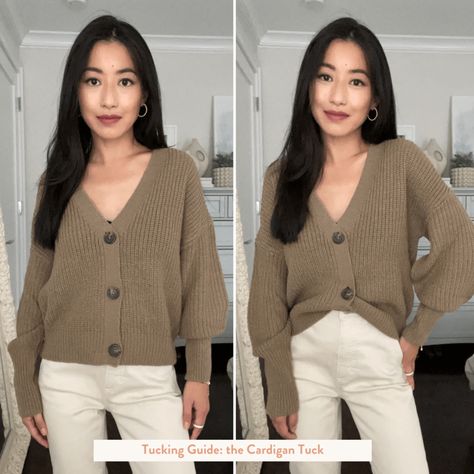 How to tuck a chunky knit sweater Chunky Cardigan Outfit Winter, Chunky Cardigan Outfit Aesthetic, Cardigan Tucked In, Button Cardigan Sweater Outfit, How To Tuck In A Cardigan, Buttoned Sweater Outfit, How To Style Button Up Cardigan, How To Style A Button Up Sweater, Button Up Cardigan Hacks