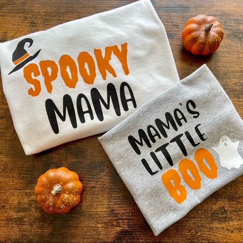 Halloween Themed T Shirt Sets For Mamas And Their Minis! Made To Order, Htv And Comes In Sizes Unisex S-Xl. 17$/Adult Sizes Shirt, 13$/Toddler And Youth Sizes. If You Would Just Like One Or The Other, Also Can Be Done! The Price On This Listing Is For The Set. Any Questions, Please Feel Free To Ask! Fall Tshirt Designs, Halloween Decals, Halloween Vinyl, Halloween Shirts Kids, Spooky Mama, Circuit Ideas, Boo Shirts, Cricut Halloween, Mommy And Me Shirt