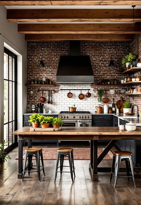 Rustic Kitchen Brick And Wood Kitchen Ideas, Kitchen With Exposed Brick Wall, Brick Ceiling Kitchen, Brick Wall Interior Kitchen, Kitchens With Brick, Brick Veneer Backsplash, Brick Wall Kitchen Ideas, Funky Kitchen Ideas, Kitchen Exposed Brick