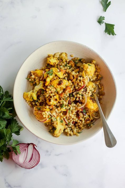 Cauliflower Couscous Salad, Curried Cauliflower Salad, Carrot And Orange Soup, Pearl Couscous Recipes, Warm Salads, Curried Couscous, Pearl Couscous Salad, Roast Cauliflower, Cauliflower Couscous