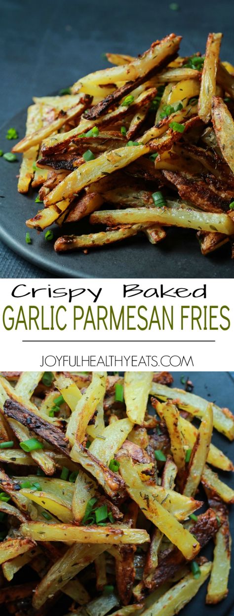 Crispy Baked Garlic Parmesan Fries are crispy on the outside and soft on the inside, the easiest skinny Baked Fries you will ever make! Only 6 ingredients but pack a phenomenal fresh herb taste! | joyfulhealthyeats.com #recipes #glutenfree Dinner Ideas Easy Healthy, Quick Easy Dinner Ideas, Dinner Recipes Quick, Garlic Parmesan Fries, Parmesan Fries, Dinner Ideas Easy, Baked Garlic, Baked Fries, Recipes Quick