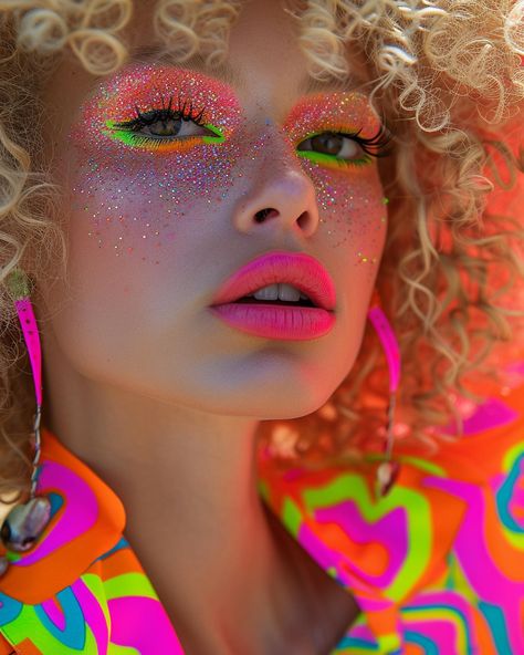 Rave Makeup Glitter, Neon Makeup Looks, Nyfw Makeup, Glam Rock Makeup, Makeup Neon, Disney Eye Makeup, Neon Photoshoot, Rock Makeup, Bright Colored Outfits