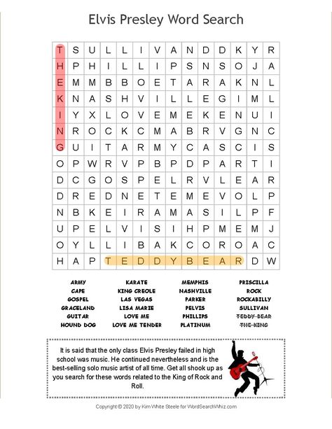 Senior Citizen Activities, Elvis Birthday, Free Word Search Puzzles, Word Search Puzzles Printables, Bus Games, Word Search Printables, Word Search Games, Music Lesson Plans, Senior Activities