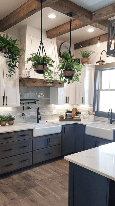 Solid Color Kitchen Cabinets, Mismatch Kitchen Cabinets, Kitchen And Eating Area Ideas, Cabinet Colors With White Granite, Dark Grey Bottom Cabinets Light Grey Top, Teal Grey Kitchen, Blue White And Gray Kitchen, U Kitchen Remodel, Modern Country Home Kitchen