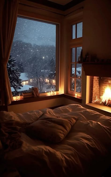 House With Candles In Windows, Cozy Bed Rainy Day, Cozy Room Rainy Day, Cozy Window Aesthetic, Winter Cosy Aesthetic, Window Curtains Bedroom Aesthetic, Warm Lighting Lamps, Bed By Window Aesthetic, Dream Home Cozy