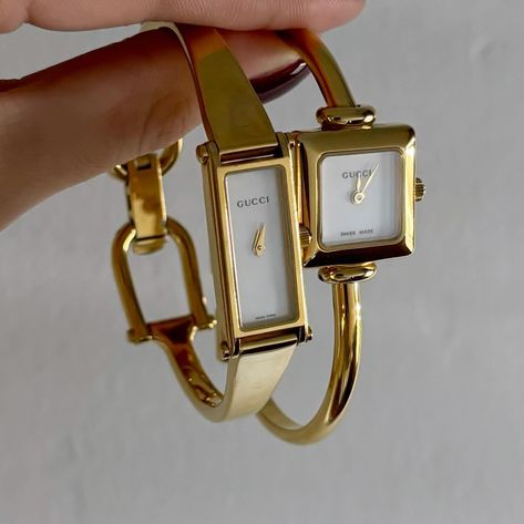 Sold*. Gucci gold bangle watches from the 90s will be available today at 5pm pacific time!! Nice Jewelry For Women, Gucci Bangle Watch, Women��’s Gold Watch, Vintage Gucci Aesthetic, Gold Bangle Watch, Capsule Wardrobe Jewelry, Unique Watches Women, Gold Vintage Watch, Watch Aesthetic