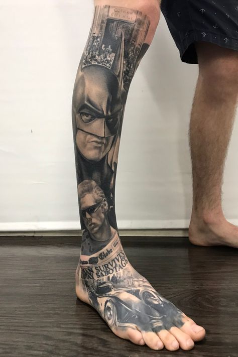 Batman Tattoos, Toe Tattoos, Joker Tattoo Design, Thigh Tat, Full Leg Tattoos, Comic Tattoo, Batman Tattoo, Foot Tattoos For Women, Tattoo Inspiration Men