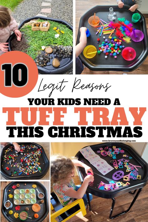 Pin text reads, 10 legit reasons you need a Tuff Tray this Christmas. Images are 5 pictures of tuff tray ideas. Christmas Tuff Tray Ideas For Toddlers, Christmas Tough Tray Ideas, Gingerbread Tuff Tray, Christmas Tuff Tray Ideas Eyfs, Nursery Tuff Tray Ideas, Easy Tuff Tray Ideas, Christmas Tuff Tray Ideas, Tuff Tray Ideas For Toddlers, Christmas Teird Tray