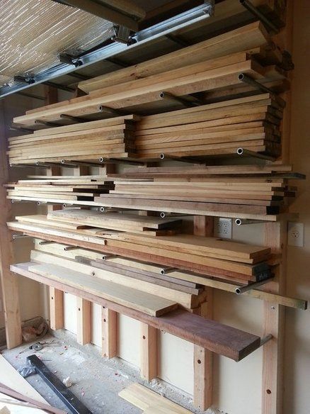 lumber & scrap wood racks Garage Wall Ideas, Lumber Storage Rack, Lumber Rack, Wood Storage Rack, Woodworking Garage, Lumber Storage, Wood Rack, Shop Layout, Shop Storage