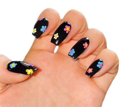 Black Nails Floral Design, Flowers On Black Nails, Black And Flower Nails, Black Bright Nails, Black Nails With Colorful Flowers, Emo Spring Nails, Nails Black With Flowers, Black And White Nails With Flowers, Black Nail With Flower Design