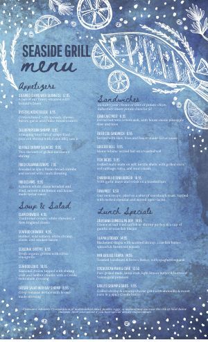 Seafood Restaurant Menu Template - MustHaveMenus Seafood Menu Design Templates, Oyster Bar Menu Design, Fish Restaurant Menu Design, Beach Restaurant Menu Design, Seafood Restaurant Menu Design, Seafood Menu Design, Seafood Menu Ideas, Cafe Menu Template, Seafood Shack