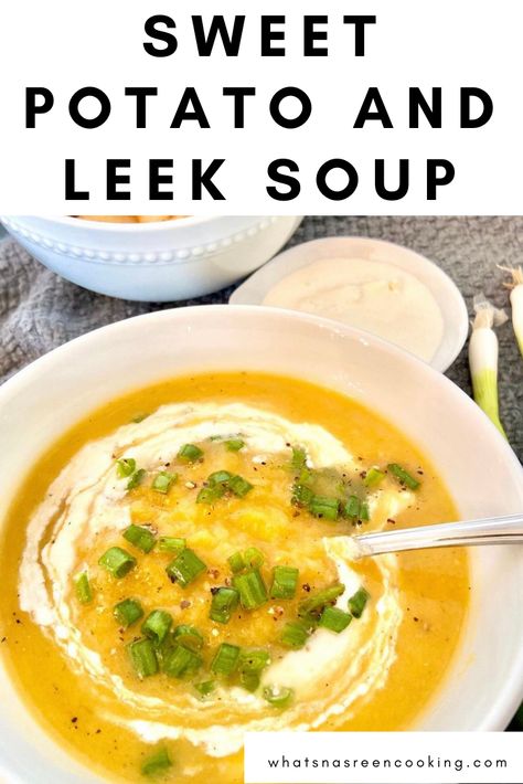 Leak Soup Recipes, Pureed Potato Soup, Leek Sweet Potato Soup, Slim On Starch Recipes, Sweet Potato And Leek Soup, Healthy Leek And Potato Soup, Sweet Potato Leek Soup, Sauteed Leeks, Soup Potato Leek