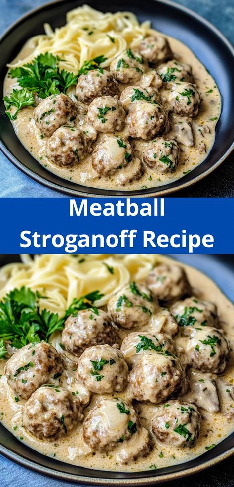 Searching for cozy dinner ideas for two? This Meatball Stroganoff recipe is creamy, rich, and easy to make. Perfect for dinner recipes for family as well. Meatballs And Mushroom Soup, Stroganoff Recipe Meatball, Beef Stroganoff With Meatballs, Meatball Beef Stroganoff, Stroganoff Recipe Ground Beef, Frozen Meatball Dinner Ideas, Ground Meat Recipes For Dinner, Meatball Stroganoff Recipe Easy, Cozy Dinner Ideas