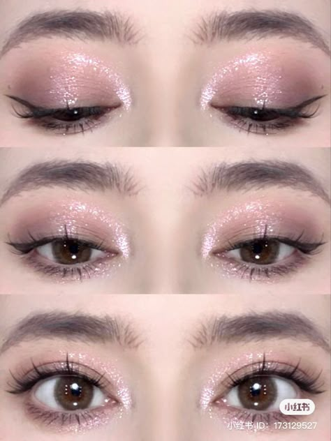 Graduation Eye Makeup Ideas, Puppy Eyeshadow, Douyin Makeup Eyeshadow, Pink And Silver Makeup, Soft Pink Eye Makeup, Mauve Makeup Look, Glittery Makeup Looks, Eyeshadow Aesthetic, Mauve Makeup