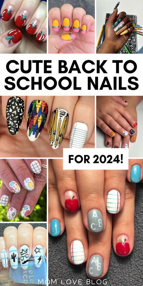 Collage of back to school nails for teachers and teens. Nails For Teachers, Teacher Nail Art, Cute Back To School Nails, Coffin French Tip, Teacher Nails, Coffin French, Pencil Nails, Nails Length, Back To School Nails