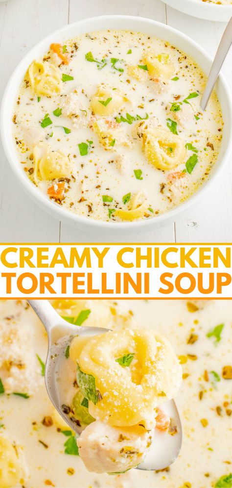 Creamy Chicken Tortellini Soup, Creamy Chicken Tortellini, Italian Sausage Tortellini Soup, Chicken Tortellini Soup, Comfort Soup Recipes, Chicken Tortellini, Cold Weather Food, Hearty Comfort Food, Easy Soup