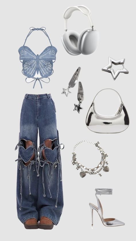 #butterfly#cute#silver#Y2k#hearts# jeans#winxvibes#outfitinspo #kpop #outfit Y2k Hearts, Silver Y2k, Korean Street Fashion Men, Butterfly Cute, Kpop Concert Outfit, Downtown Outfits, Swag Outfits For Girls, Cute Preppy Outfits, Cute Everyday Outfits