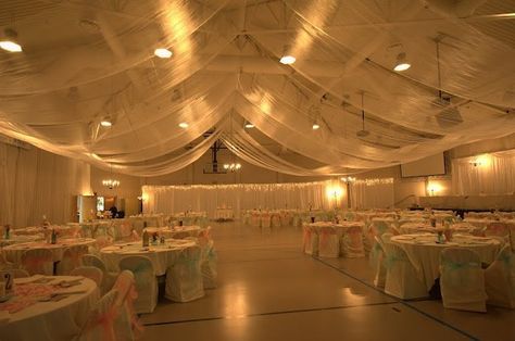 Gymnasium Wedding Reception Decoration, Wedding In A Gymnasium, Lds Church Wedding Reception Gym, Gymnasium Wedding Reception, Gymnasium Reception, Drape Ceiling, Gym Wedding Reception, Gym Ceiling, Wedding Venues Receptions