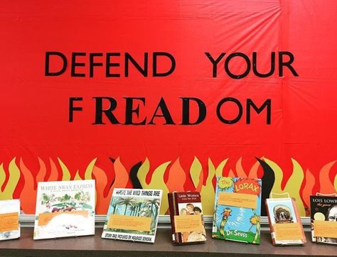 Band book week defend your freedom library bulletin board. "Defend your fREADom" Fire Bulletin Board, Bulletin Board Ideas Library, Library Bulletin Board, Bulletin Board Ideas, The Lorax, Book Week, Board Ideas, Bulletin Boards, Bulletin Board