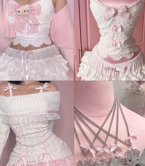 @katreinaskyee in our Angel’s Serenade Bow Lace Cami Top and Ribbon Ruffle Coquette Bloomers + Garter (Pink)🤍💗 Just restocked Shop link in bio 💕 Y2k Hello Kitty Outfits, Hello Kitty Corset, Ouchhh Store, Hello Kitty Ideas, Dolly Outfits, Hello Kitty Outfits, Goth Hello Kitty, Naomi Jon, Cute Pastel Outfits