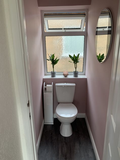 Bathroom With Separate Toilet Room Decor, Pink Walls Grey Floor, Pink Toilet Room, Pink Downstairs Toilet, Pink Understairs Toilet, Pink Cloakroom Toilet, Small Wc Ideas Downstairs Loo, Grey Wood Flooring, Autumn Bathroom Decor