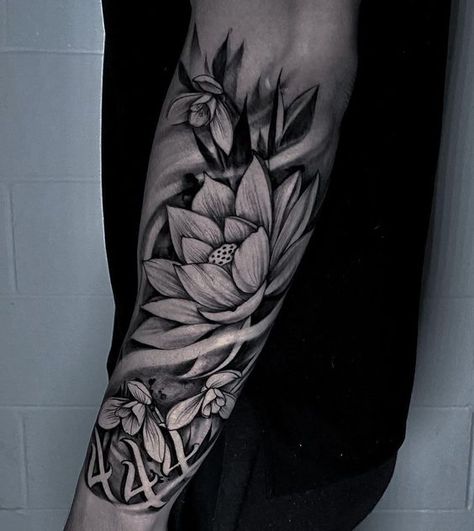 99+ Water Lily Tattoo Ideas That Leave You Floating in 2023 Lotus Tattoo Men, Lily Tattoo Sleeve, Lily Tattoo Ideas, Water Lily Tattoo, Tato Maori, Men Flower Tattoo, Water Lily Tattoos, Lily Tattoo Design, Half Sleeve Tattoos Forearm