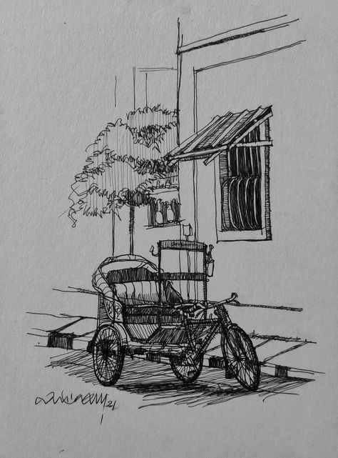 Pondicherry Sketches, Rickshaw Sketch, Pondicherry Illustration, Rickshaw Drawing, Cycle Rickshaw, Village Vibes, 2d Images, Fountain Pen Drawing, Pen Art Work