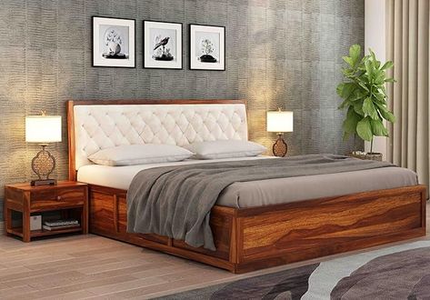 DRIFTINGWOOD Dolvi Solid Sheesham Wood Queen Size Bed with Storage | Wooden Double Bed Cot Bed with Box Storage & Upholstered Cushioned Headboard for Bedroom Sheesham Wood Bed, Dressing Table Modern, Wooden King Size Bed, Wooden Double Bed, Bed Designs With Storage, Bed Cot, Queen Size Beds, Cushioned Headboard, Double Bed With Storage