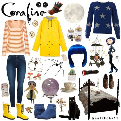 Coraline Aesthetic Coraline Sleepover, Coraline Costume Diy, Diy Coraline Costume, Coraline Outfit Ideas, Coraline Outfit Aesthetic, Tim Burton Inspired Outfits, Caroline Outfit, Caroline Costume, Coraline Inspired Outfit