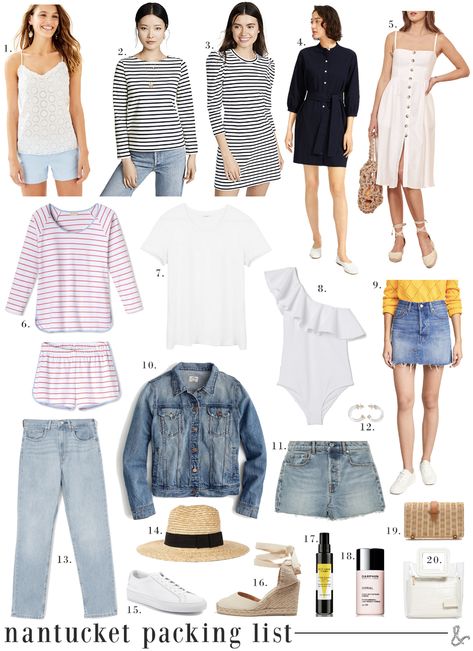 Nantucket Packing List - wit & whimsy Nantucket Packing List, Packing For Vacation, Summer Day Dresses, Everlane Jeans, Embellished Headbands, Affordable Swimwear, White Linen Dresses, Nautical Stripes, Classic Denim Jacket