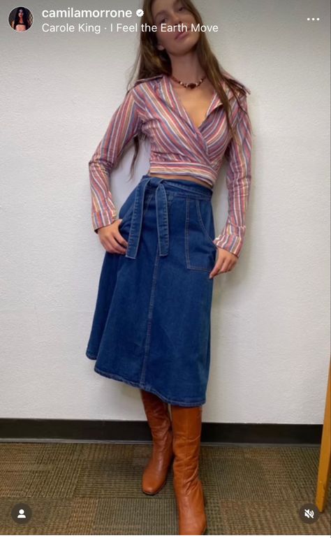 70s Denim Skirt Outfit, 70s Skirt Outfit, 70s Skirt, Camila Morrone, 70’s Fashion, 70s Inspired Fashion, 70s Outfits, Whimsical Fashion, Hippie Outfits