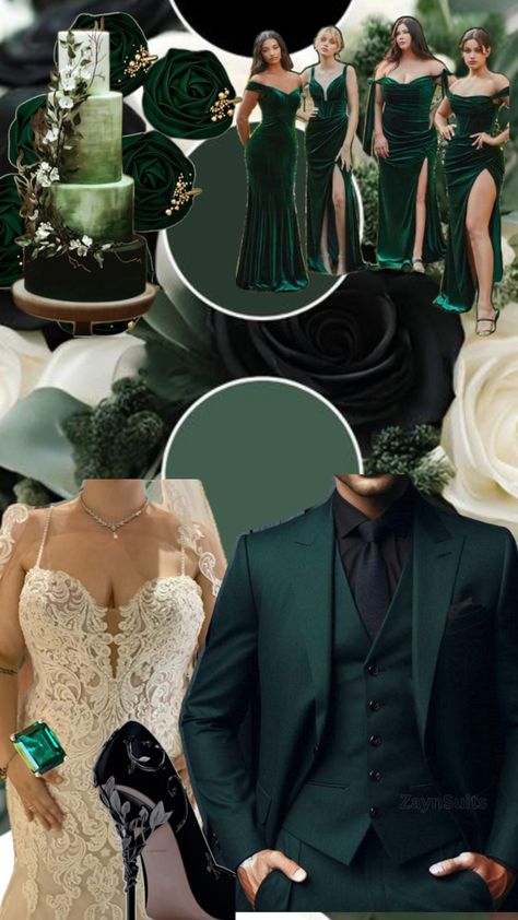 Black Green Gold Wedding Bridesmaid Dresses, Emerald Green Bridesmaid And Groomsmen, Black Suit Black Shirt Green Tie, Black White Teal Wedding Theme, Emerald Green And Gold Wedding Ideas, Wedding Dress With Emerald Green Accents, Forest Green And Black Wedding Theme, Emerald Gold And Black Wedding, Black And Green Groomsmen Attire