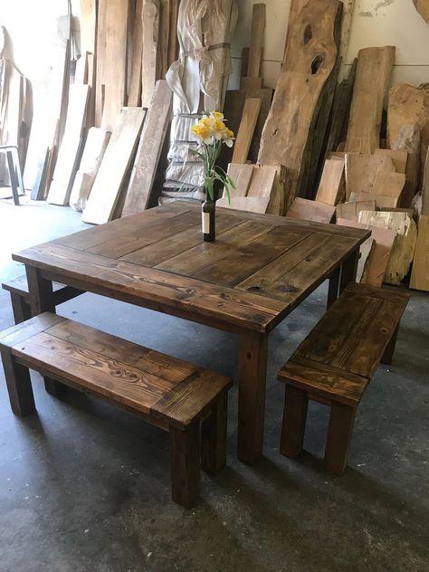 Farmhouse Dining Room Table Square, Square Rustic Dining Table, Square Farmhouse Table For 8, Homemade Wood Table, Square Farmhouse Dining Table, Farmtable Benches, Diy Kitchen Table With Bench, Homemade Farmhouse Table, Square Wooden Dining Table