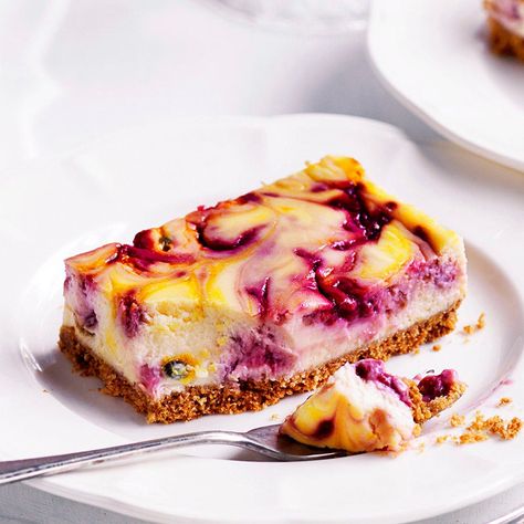 A healthier WW recipe for Raspberry and passionfruit ripple cheesecake slice ready in just 35. Get the PersonalPoints value plus browse 5,000 other delicious recipes today! Cheesecake Slice, Passionfruit Cheesecake, Ww Recipe, Slice Recipe, Slices Recipes, Raspberry Cheesecake, Recipes Yummy, Fruit Slice, Shot List